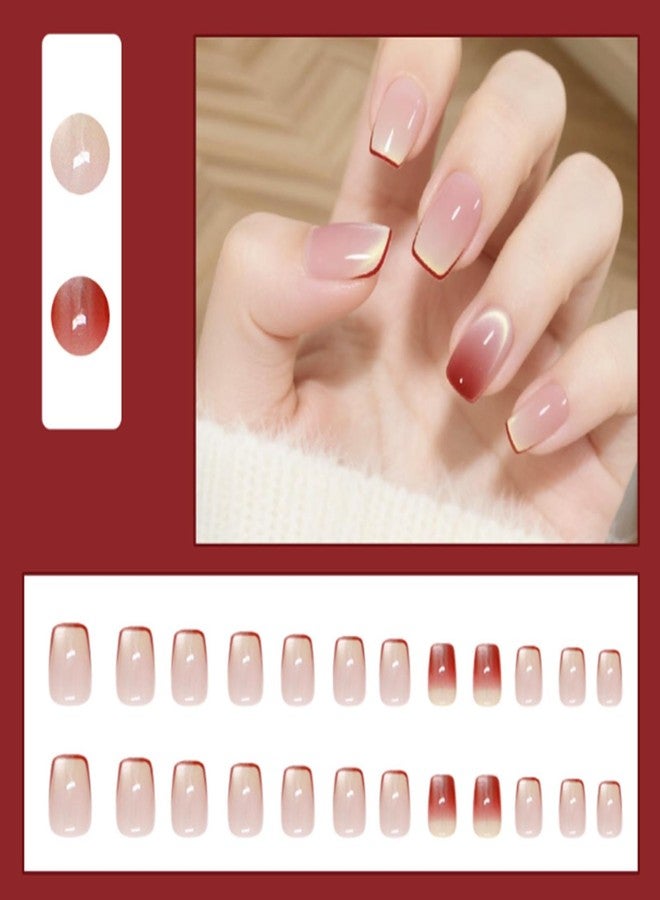 YoYoee 24Pes Short French Press on Nails - Square Fake Nails Nude Gradient False Nails Full Cover Cat Eye Nails Tips for Women - Image 2